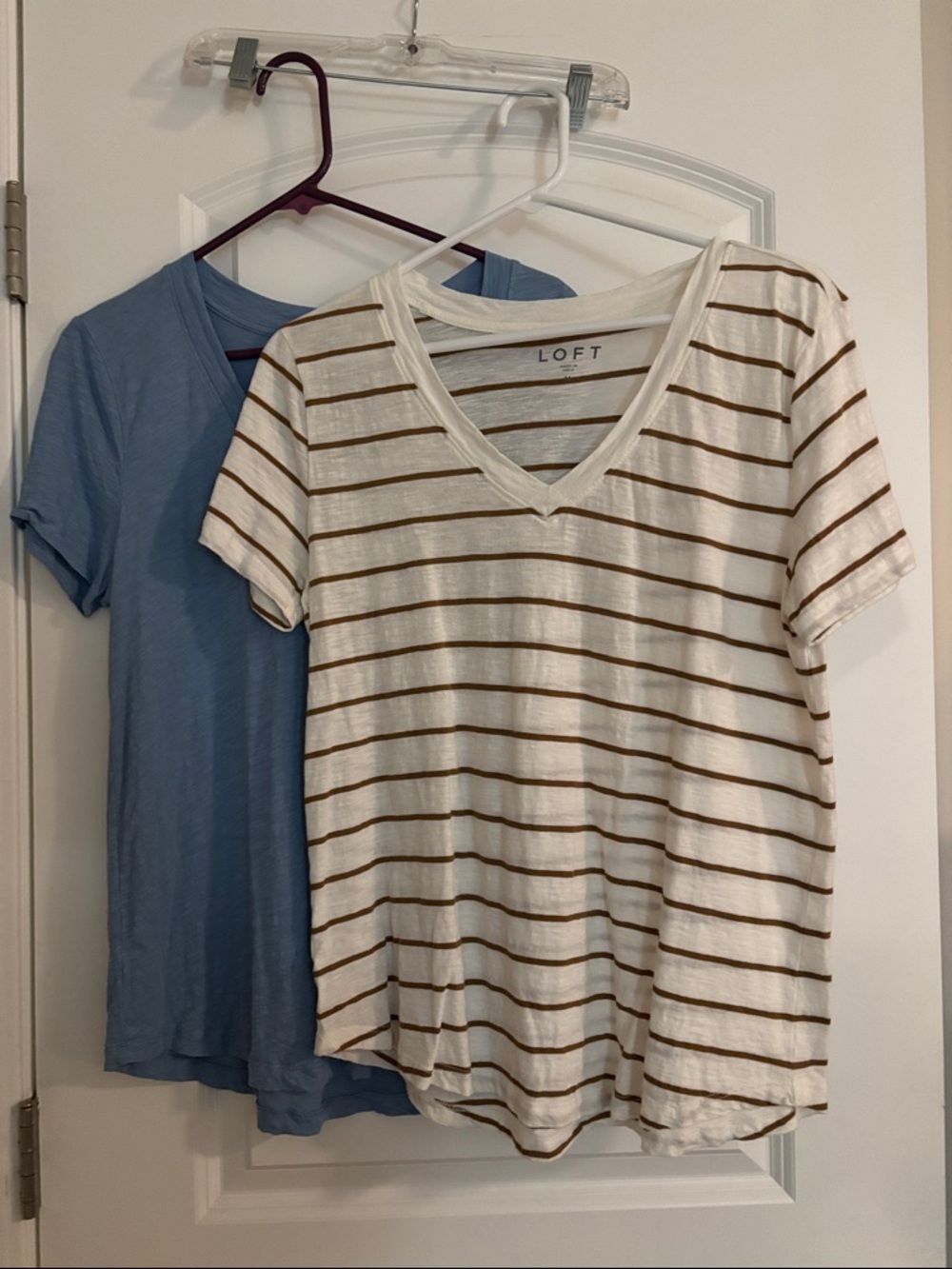 LOFT white & tan, and blue Striped V-Neck Tees